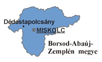 Borsod-Abaúj-Zemplén megye térképén Dédestapolcsány és a megyeszékhely - Miskolc -  helyzetének bejelölése 