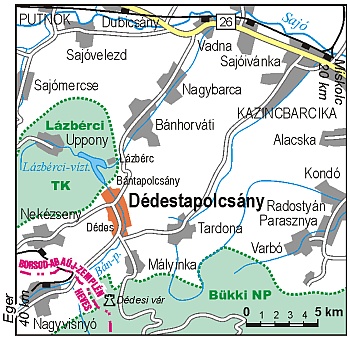 A térkép Dédestapolcsány környékét mutatja, jelölve benne a Tájvédelmi Körzet és a Bükki Nemzeti Park területét.